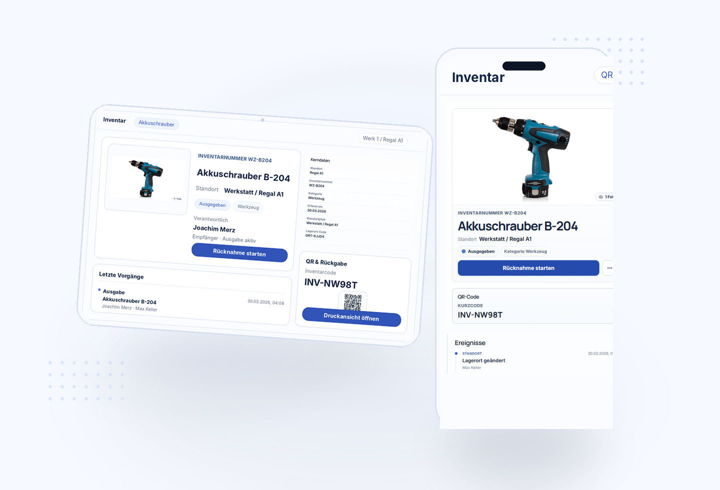 Nachweisbox Produktansicht mit Objektdetail, Status und QR-Code