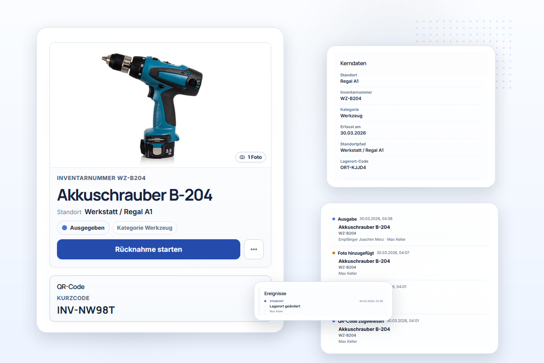 Nachweisbox mit Kerndaten, Objektdetail und Historie in einer gemeinsamen Arbeitsansicht