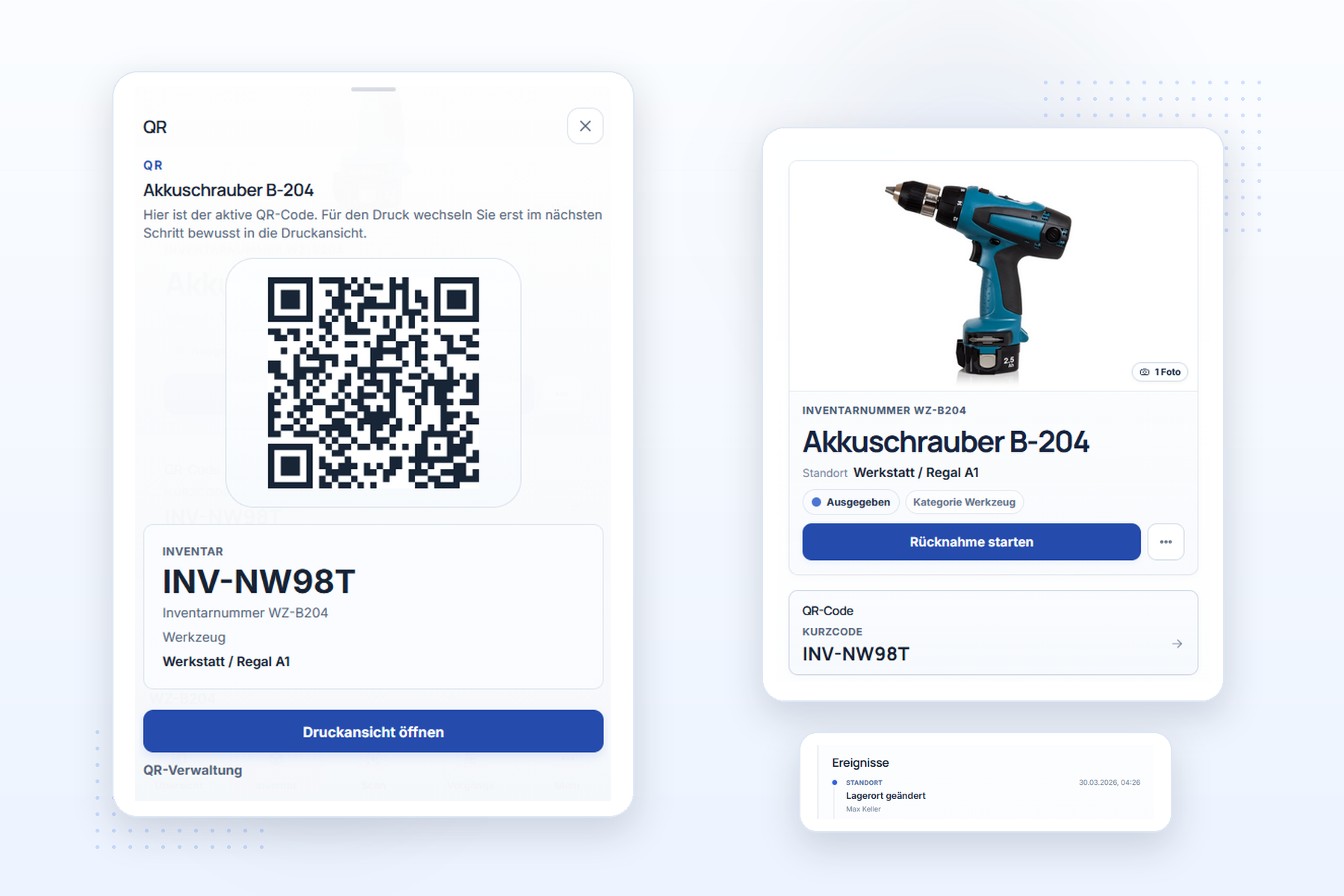 Nachweisbox QR-Ansicht mit Code, Objektbezug und direkter Aktion
